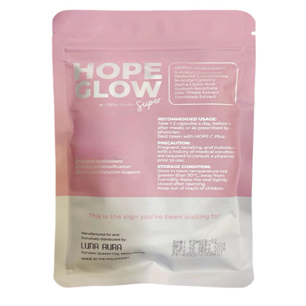 Generic Luna Aura HOPE GLOW packaging label highlights detox support
