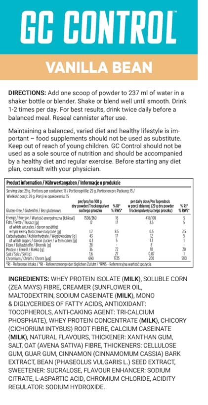 Generic Melaleuca GC Control Creamy Vanilla Bean label close-up highlighting premium ingredients for nourished skin.