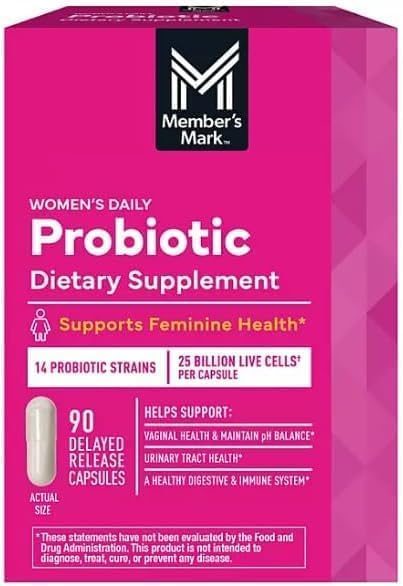 Generic Member's Women's Daily Probiotic bottle shows a 90-day supply for daily balance.
