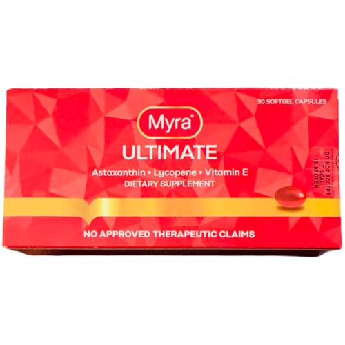 Myra Ultimate astaxanthin softgel bottle close-up showing packaging.