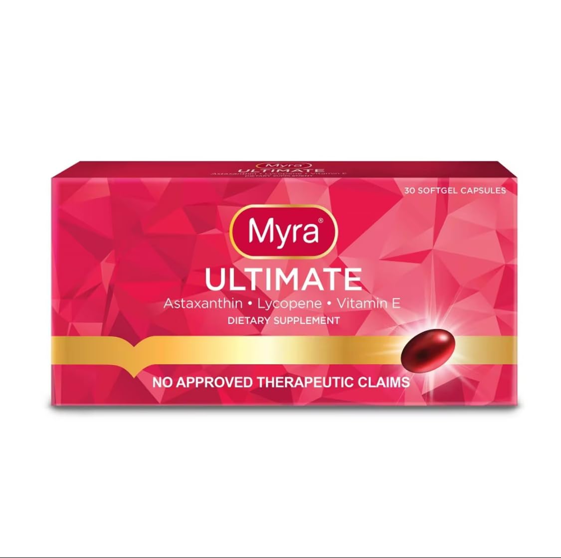Myra Ultimate astaxanthin softgel front view highlighting skin support.