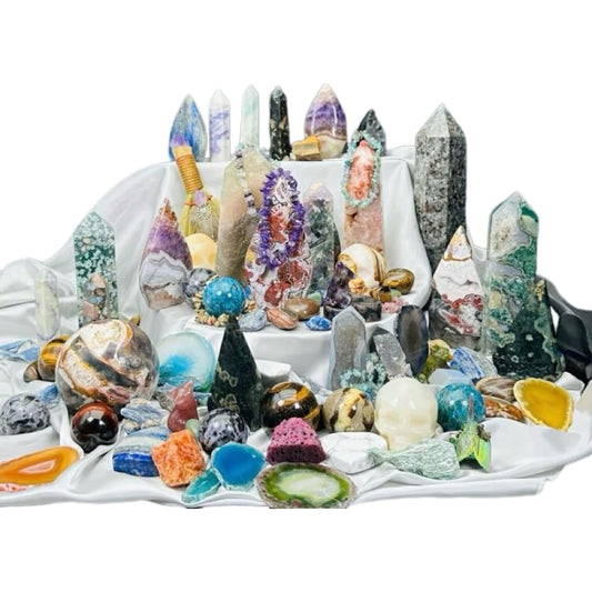 Generic mystery crystal bag with raw quartz stones and unique patterns for jewelry ideas.