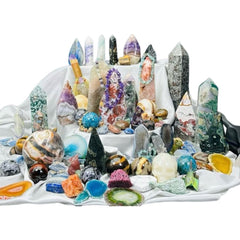 Generic mystery crystal bag with raw quartz stones and unique patterns for jewelry ideas.