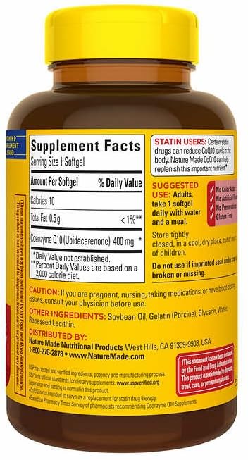Generic Nature Made CoQ10 softgels close-up for easy daily intake