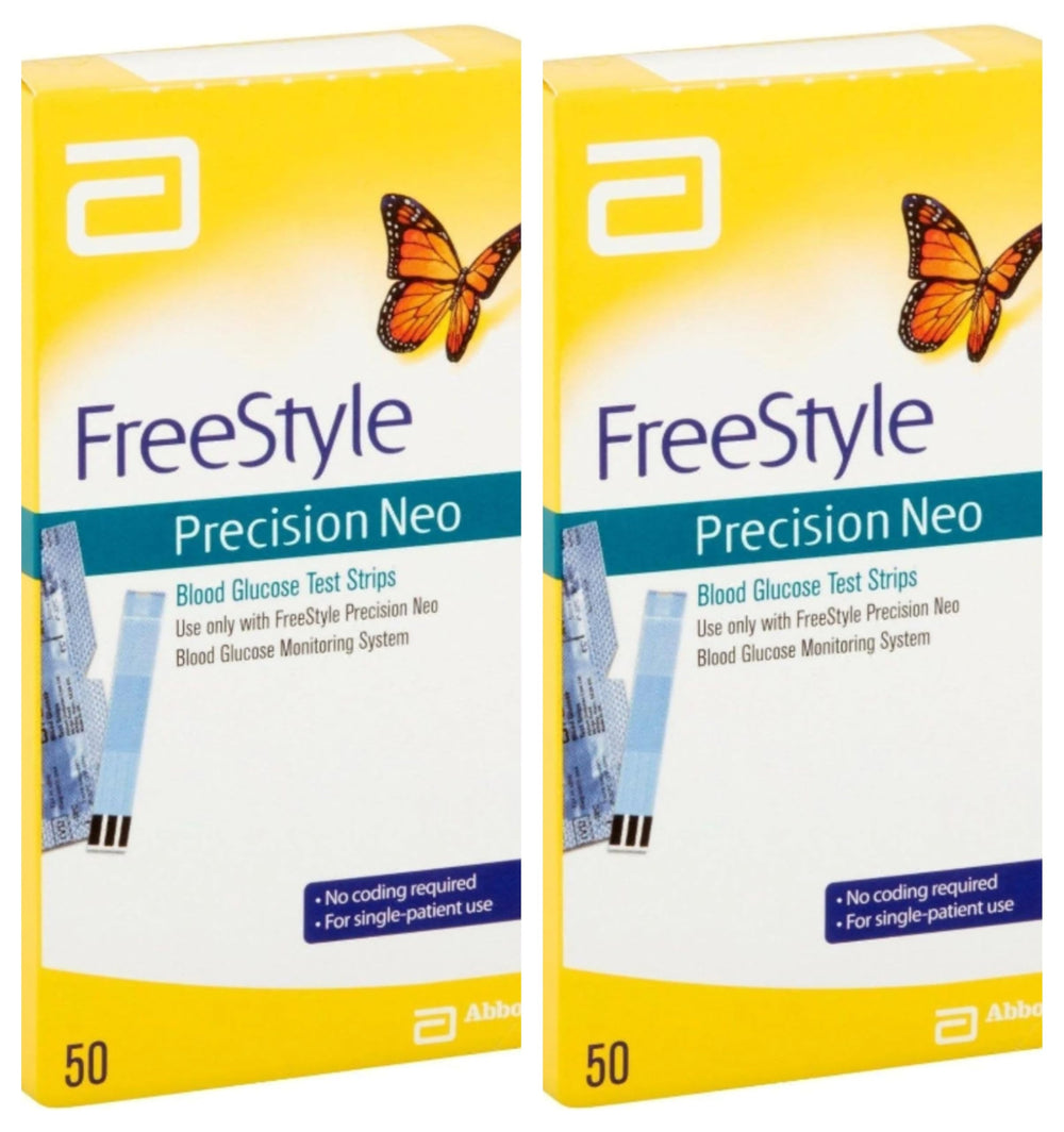 Generic Neo blood glucose test strip in a 100-count pack for precision testing.