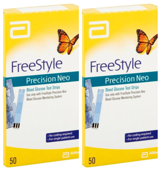 Generic Neo blood glucose test strip in a 100-count pack for precision testing.