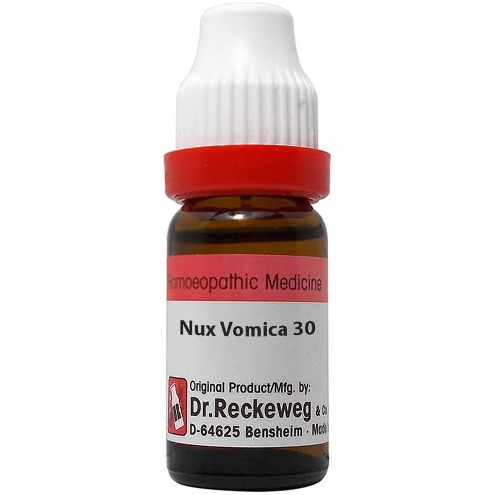 Generic Nux Vomica 30 CH bottle pour, clear-dose packaging for home use.