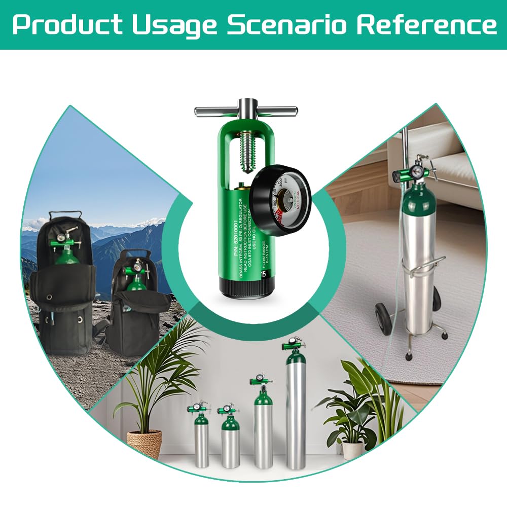 Compact oxygen regulator size demonstrates portable, lightweight design.
