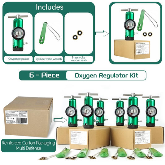 Oxygen regulator flow selector shown, easy to set precise LPM.