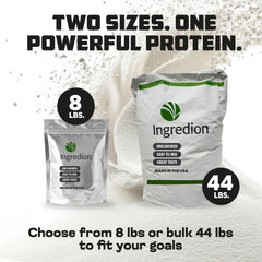 Generic pea protein with measuring cup highlights simple portioning for daily protein goals.