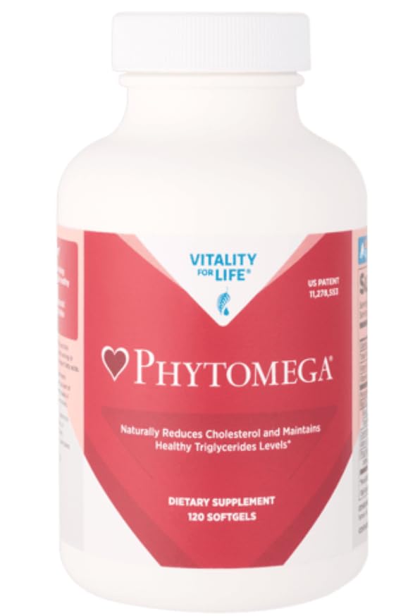 Generic Phytomega bottle with softgels highlighting omega 3 and CoQ10 benefits for daily vitality