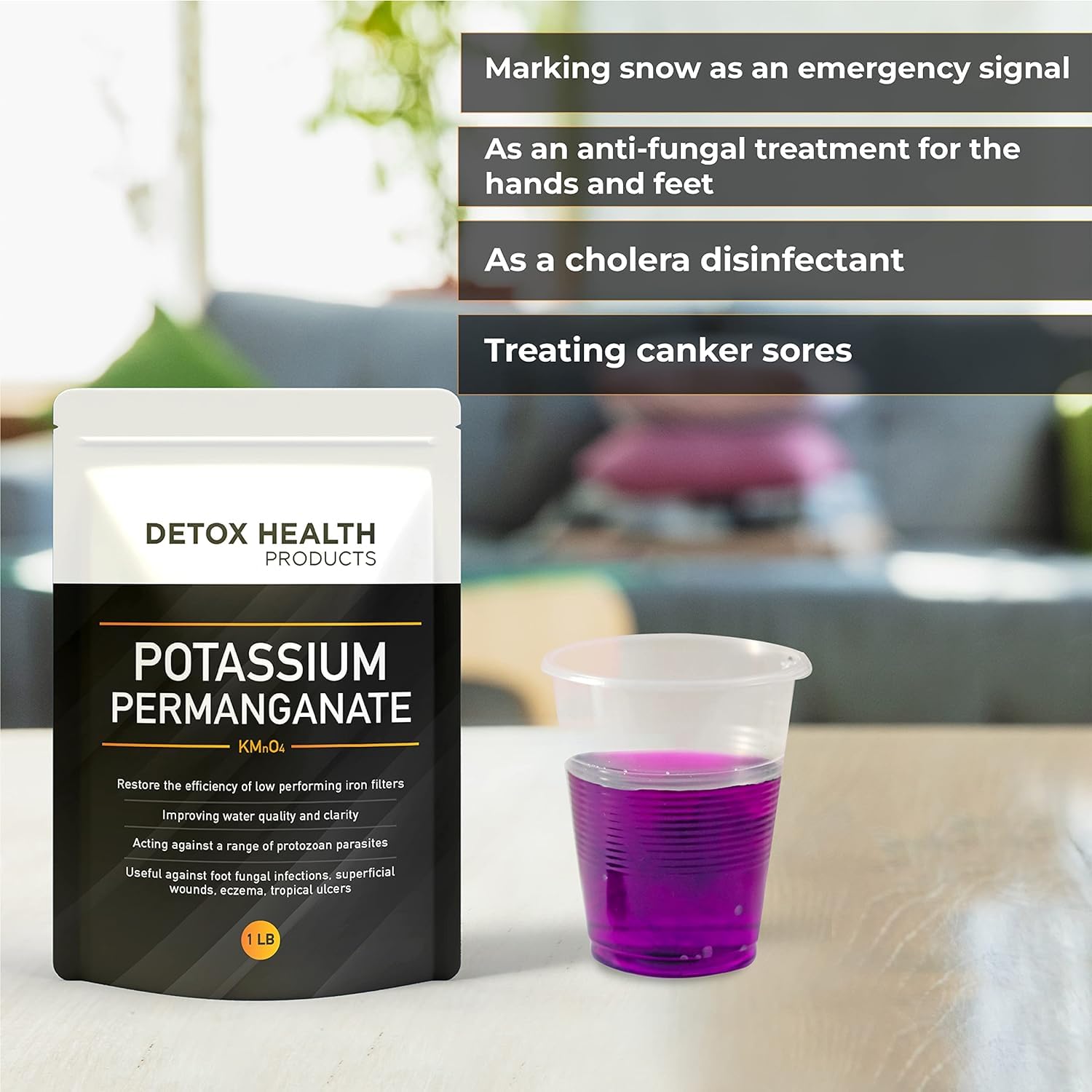 Generic potassium permanganate crystal packaging 16oz showing clear, free-flowing powder.