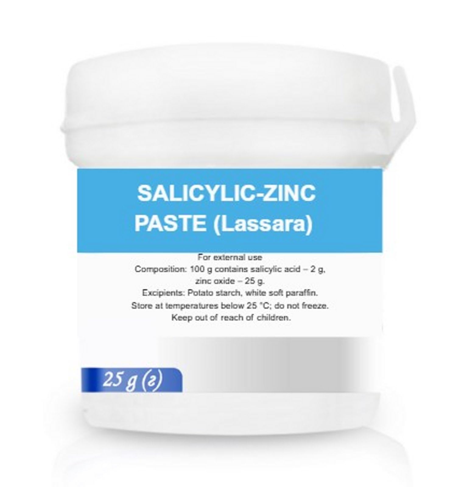 Generic Salicylic-Zinc Lassara paste tube label for easy identification.