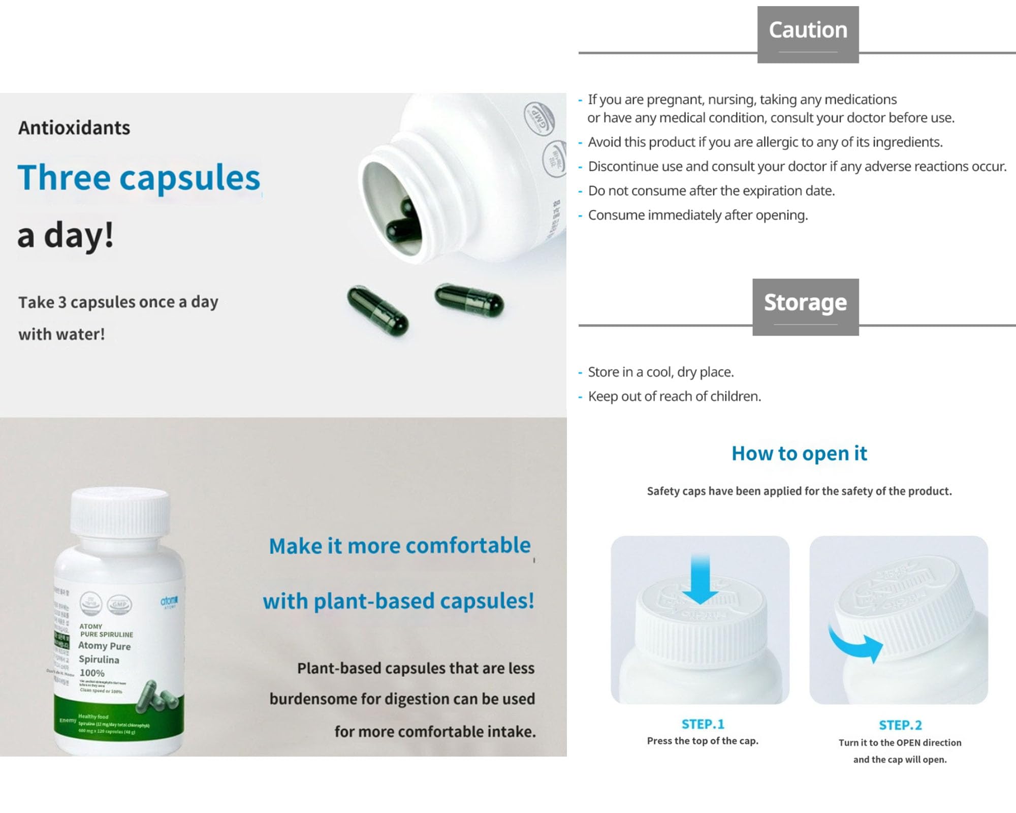 Generic Spirulina 120-count bottle highlights convenient daily dosage