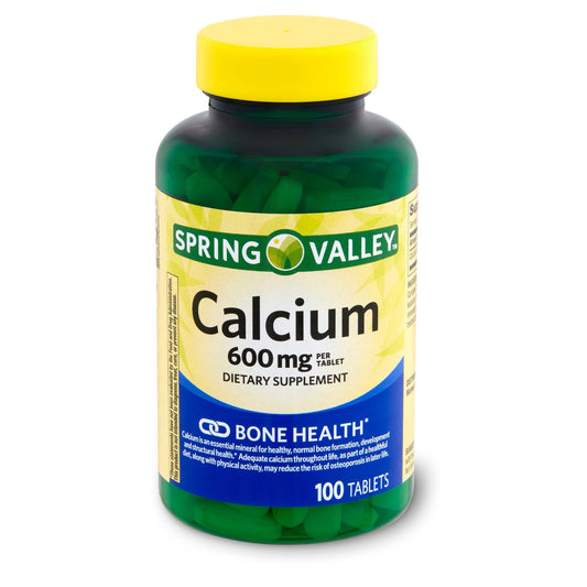 Generic Spring Valley Calcium 600mg bottle front with 100 tablets for daily bone support.