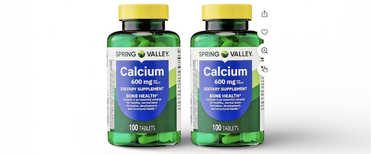 Generic Spring Valley calcium bottle front view supports daily bone health.