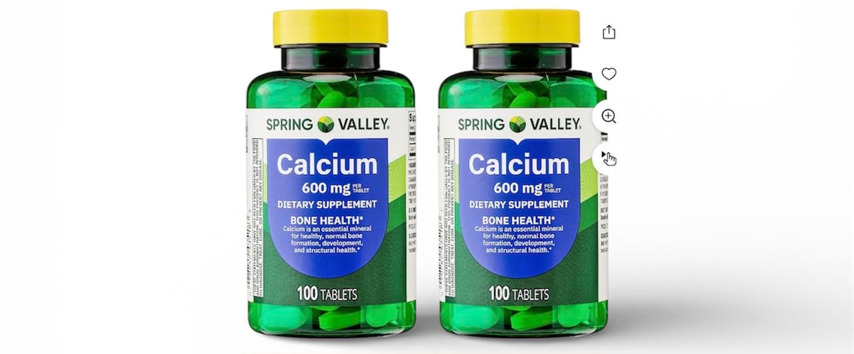 Generic Spring Valley calcium bottle front view supports daily bone health.