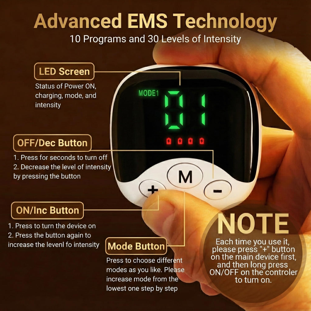 Generic TENS & EMS control panel shows adjustable modes for customization.