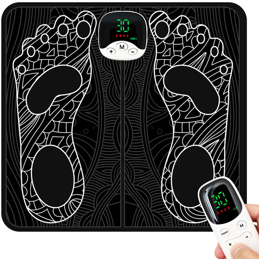 Generic TENS & EMS foot relaxation mat on floor for tired feet relief.