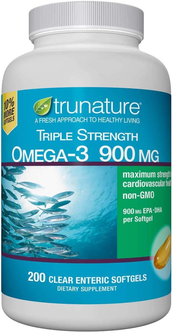 Generic Triple Strength Omega-3 bottle with clear softgels for easy daily use
