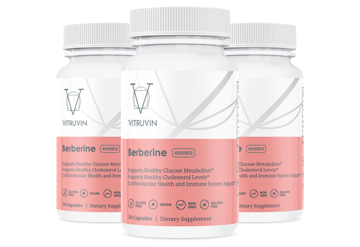 Generic Vitruvin Berberine 600mg bottle front highlighting vegan, non-GMO support for daily wellness