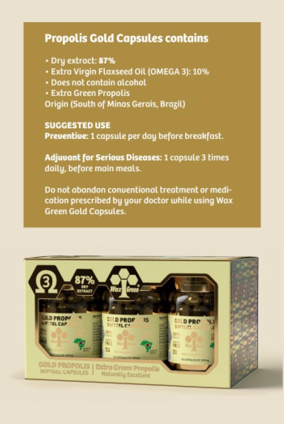 Generic Wax Green Propolis N91 Gold capsules with Omega-3 flaxseed oil enrichment