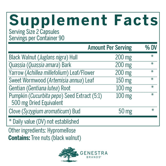 Genestra Brands Black Walnut Capsules label close-up highlighting digestive support herbs.
