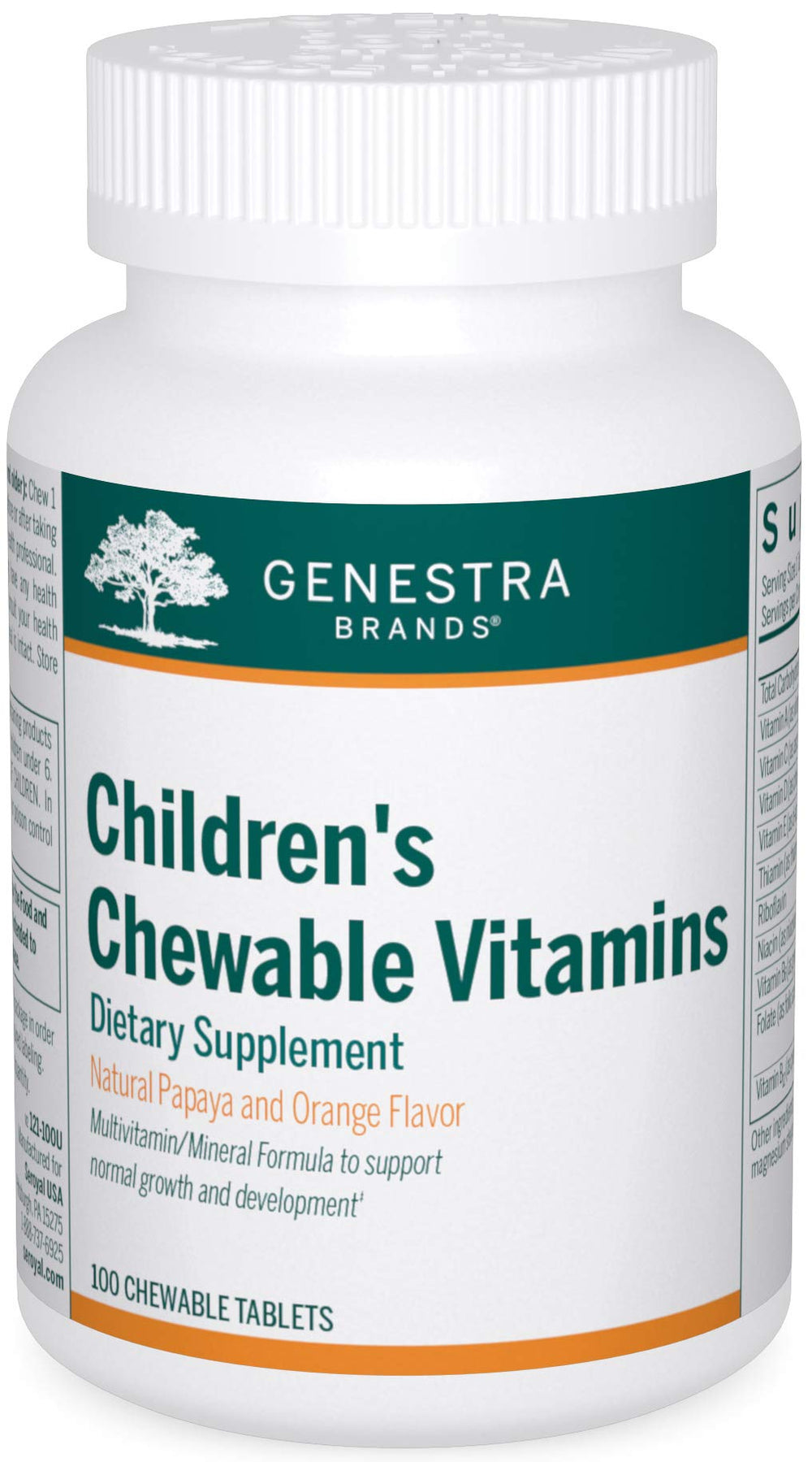 Genestra Brands Children's Chewable Vitamins bottle with orange papaya flavor for daily growth support