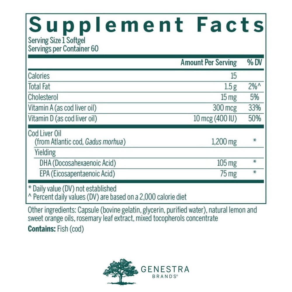Genestra Brands Cod Liver Oil DHA-EPA Forte label close-up showing DHA and EPA blend