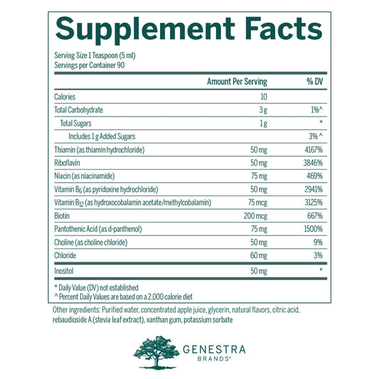 Genestra Brands Liquid B Complex label close-up highlights ingredients