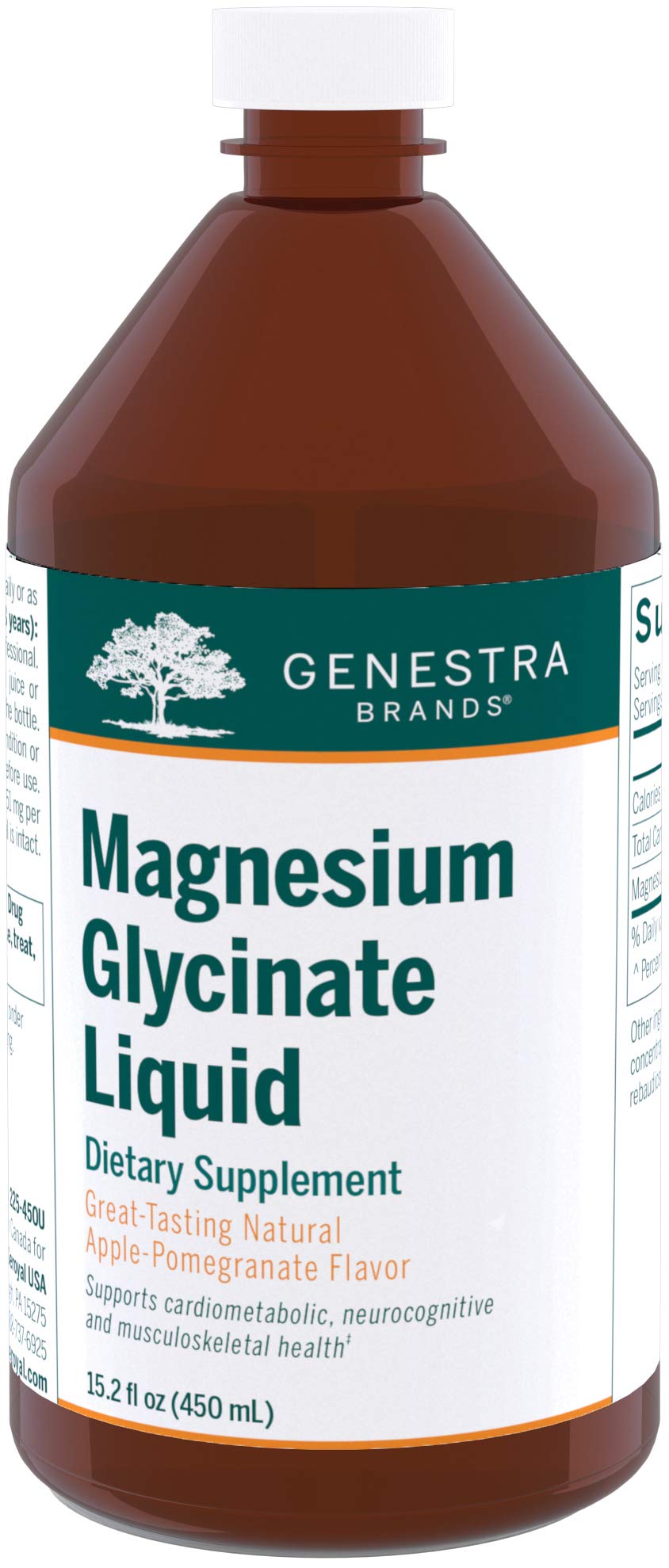 Genestra Brands Magnesium Glycinate Liquid bottle pour promoting normal muscle function.