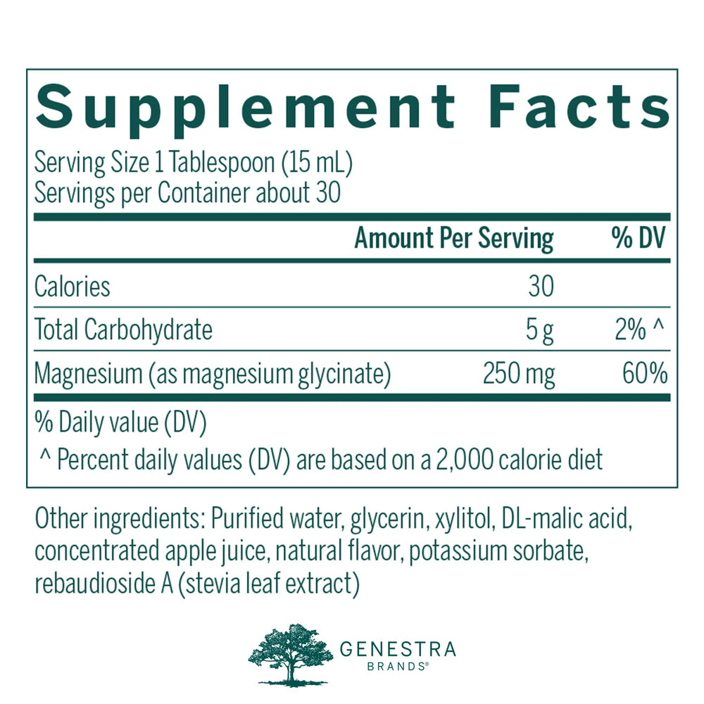 Genestra Magnesium Glycinate Liquid label close-up showing gentle magnesium metabolism support.