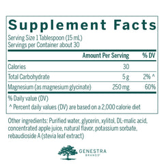 Genestra Magnesium Glycinate Liquid label close-up showing gentle magnesium metabolism support.