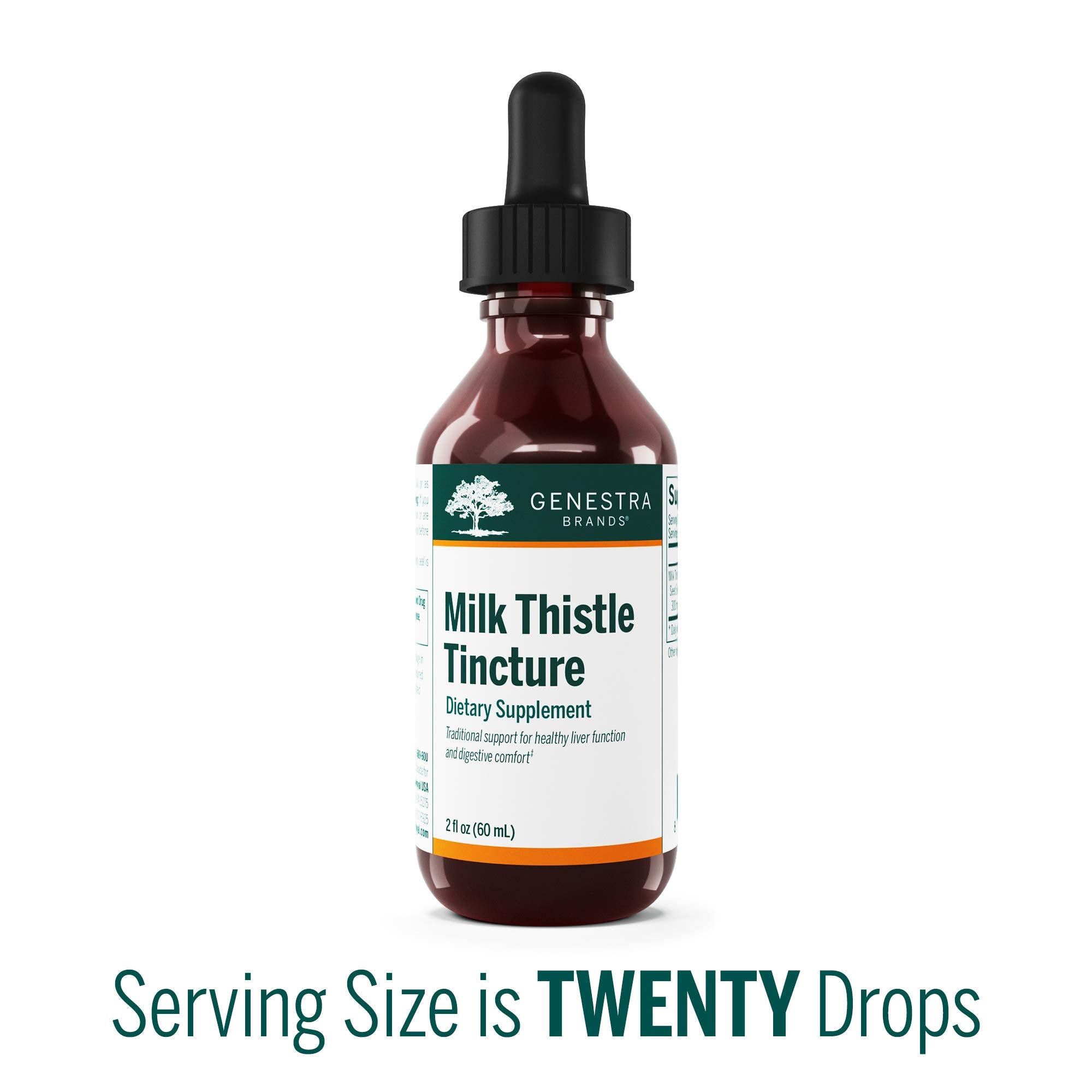 Genestra Brands Milk Thistle tincture label shows product details.