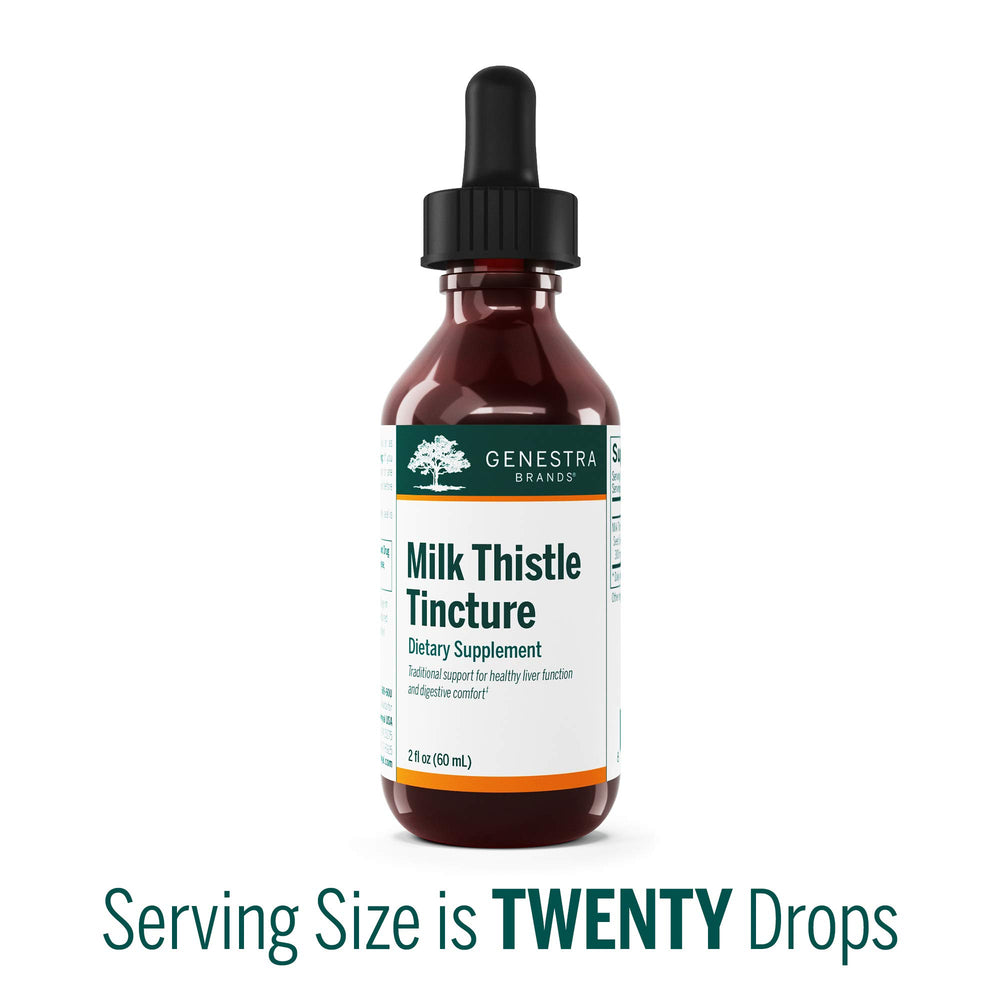 Genestra Brands Milk Thistle tincture label shows product details.
