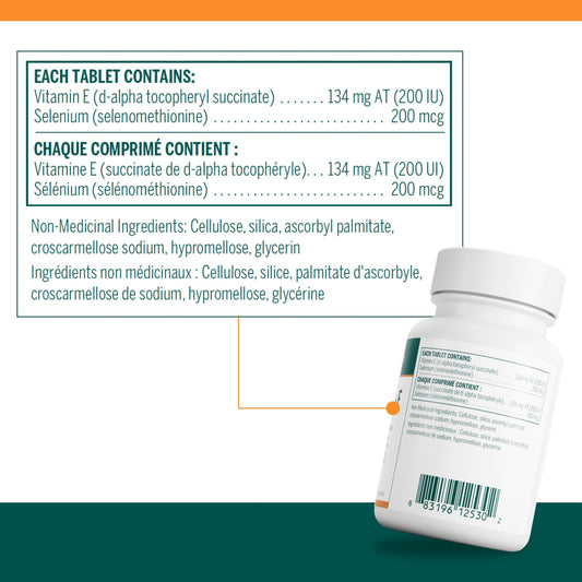 Closeup of Genestra Brands Selenium + E tablets