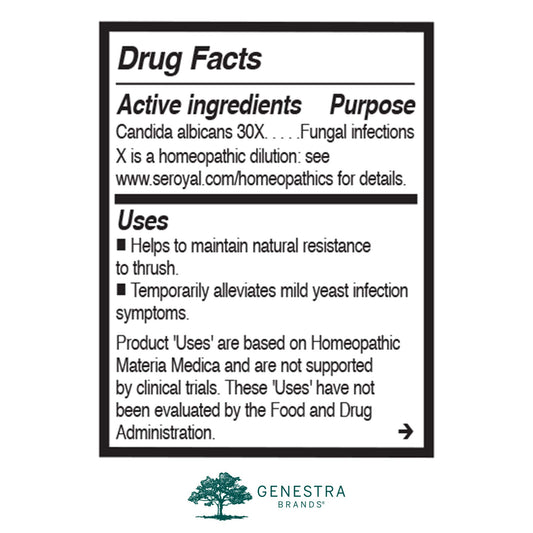 Genestra Can Albex 30X bottle label close-up highlighting candidiasis program details