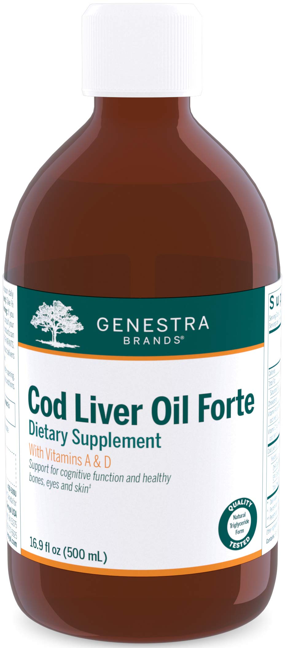 Genestra Cod Liver Oil Forte bottle showing omega fatty acids for brain and eye support