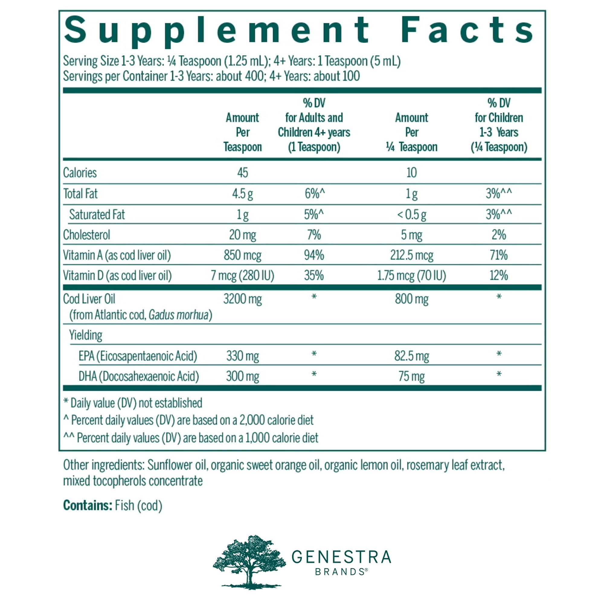 Genestra Cod Liver Oil Forte label highlighting dairy-free and gluten-free attributes