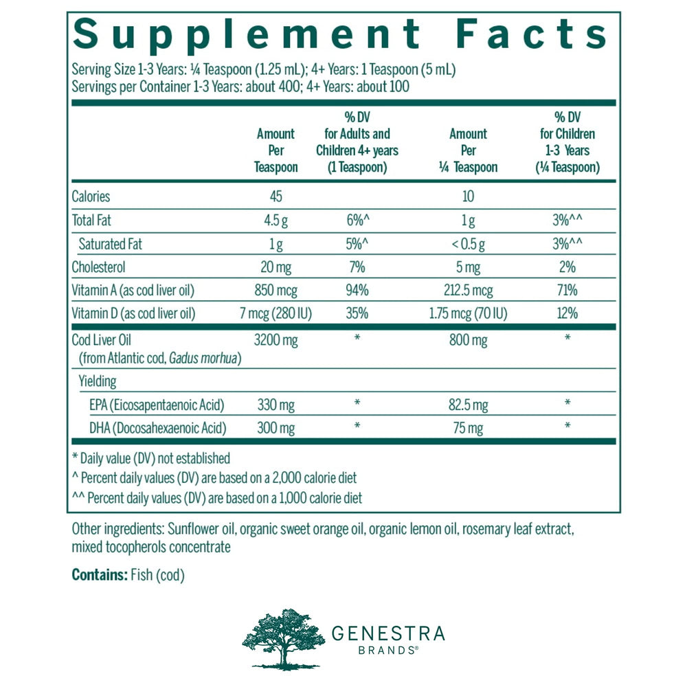 Genestra Cod Liver Oil Forte label highlighting dairy-free and gluten-free attributes