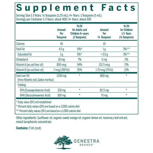 Genestra Cod Liver Oil Forte label highlighting dairy-free and gluten-free attributes