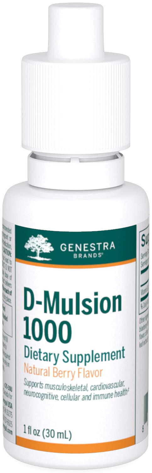 Genestra D-Mulsion 1000 bottle front view; berry vitamin D drops for daily immune support