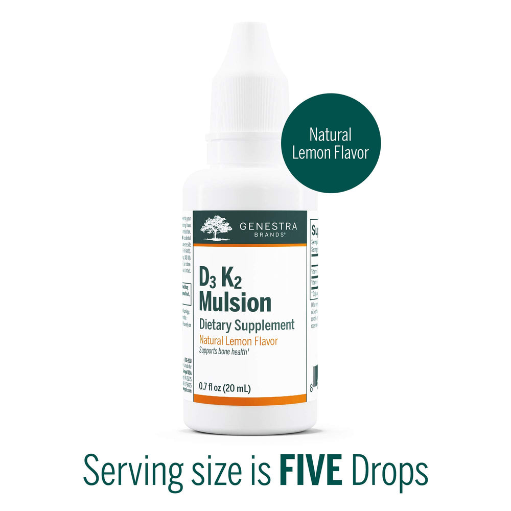 Genestra D3 K2 Mulsion label close-up highlights the vitamin blend.