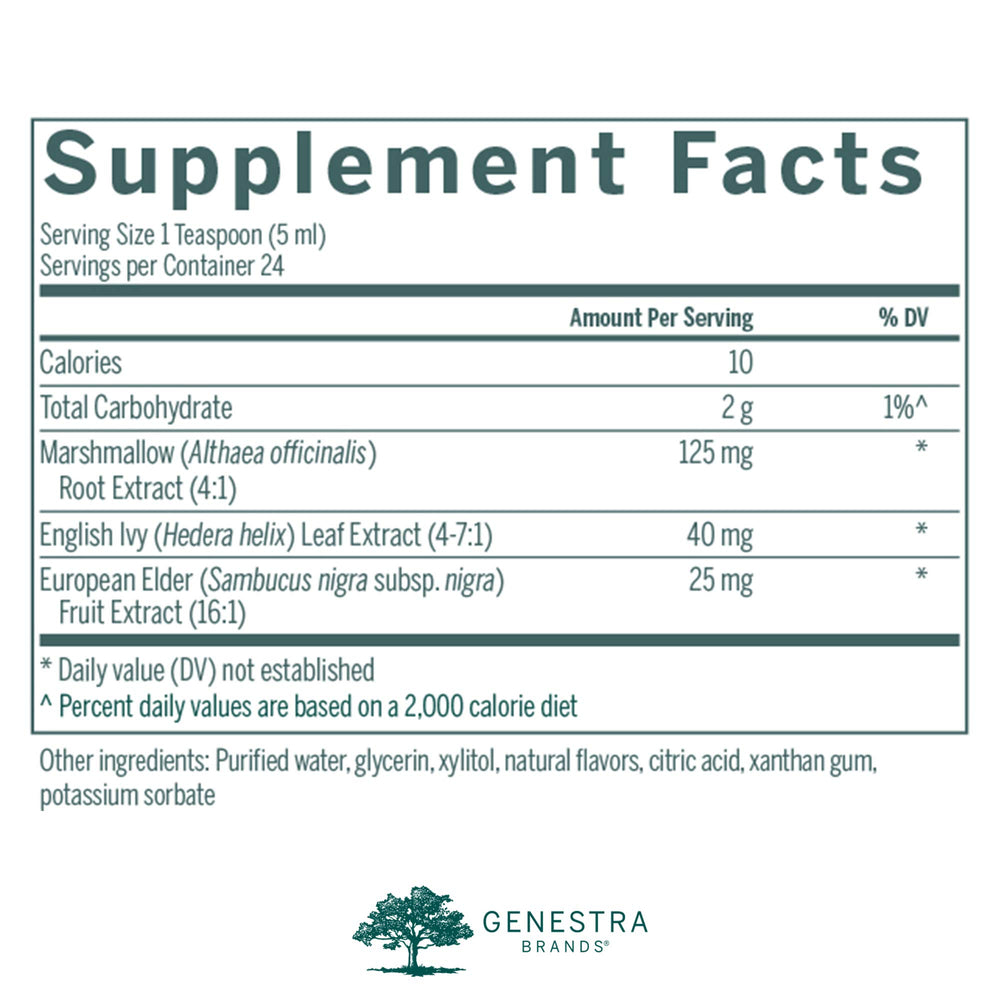 Genestra English Ivy Syrup label displaying raspberry flavor.