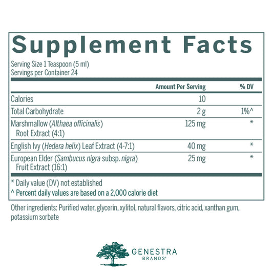 Genestra English Ivy Syrup label displaying raspberry flavor.
