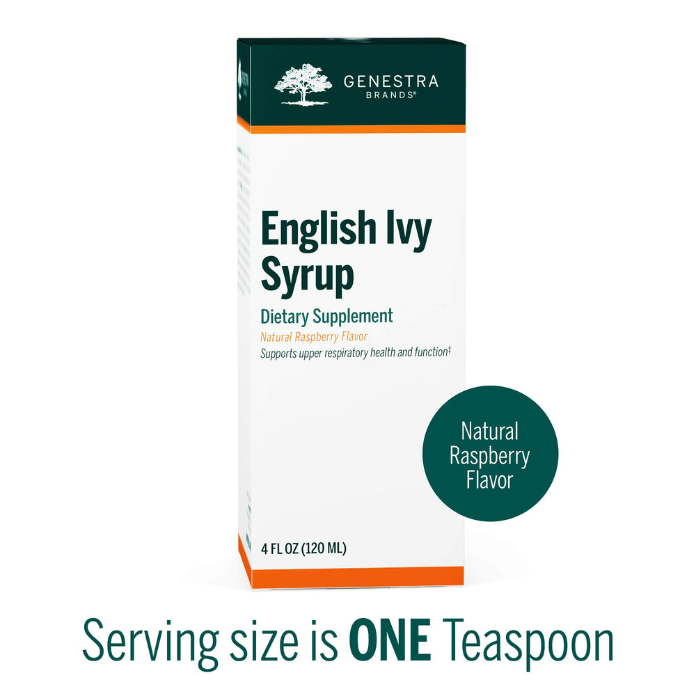 Pouring Genestra English Ivy Syrup to support mucosal comfort.