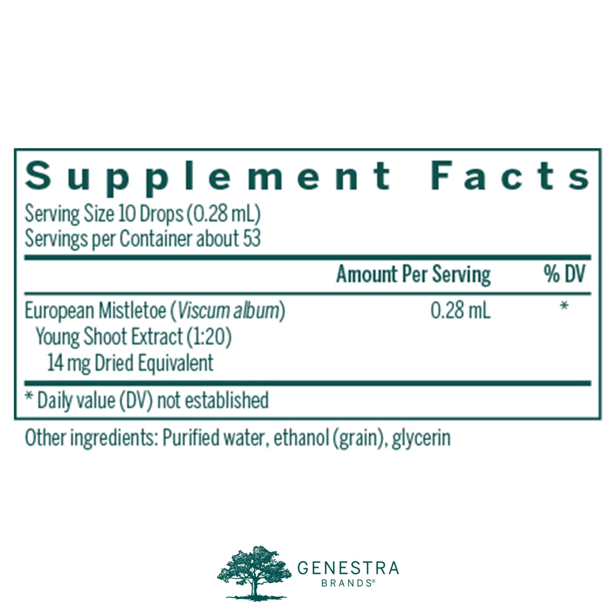 Genestra Brands European Mistletoe Young Shoot label close-up with essential product details