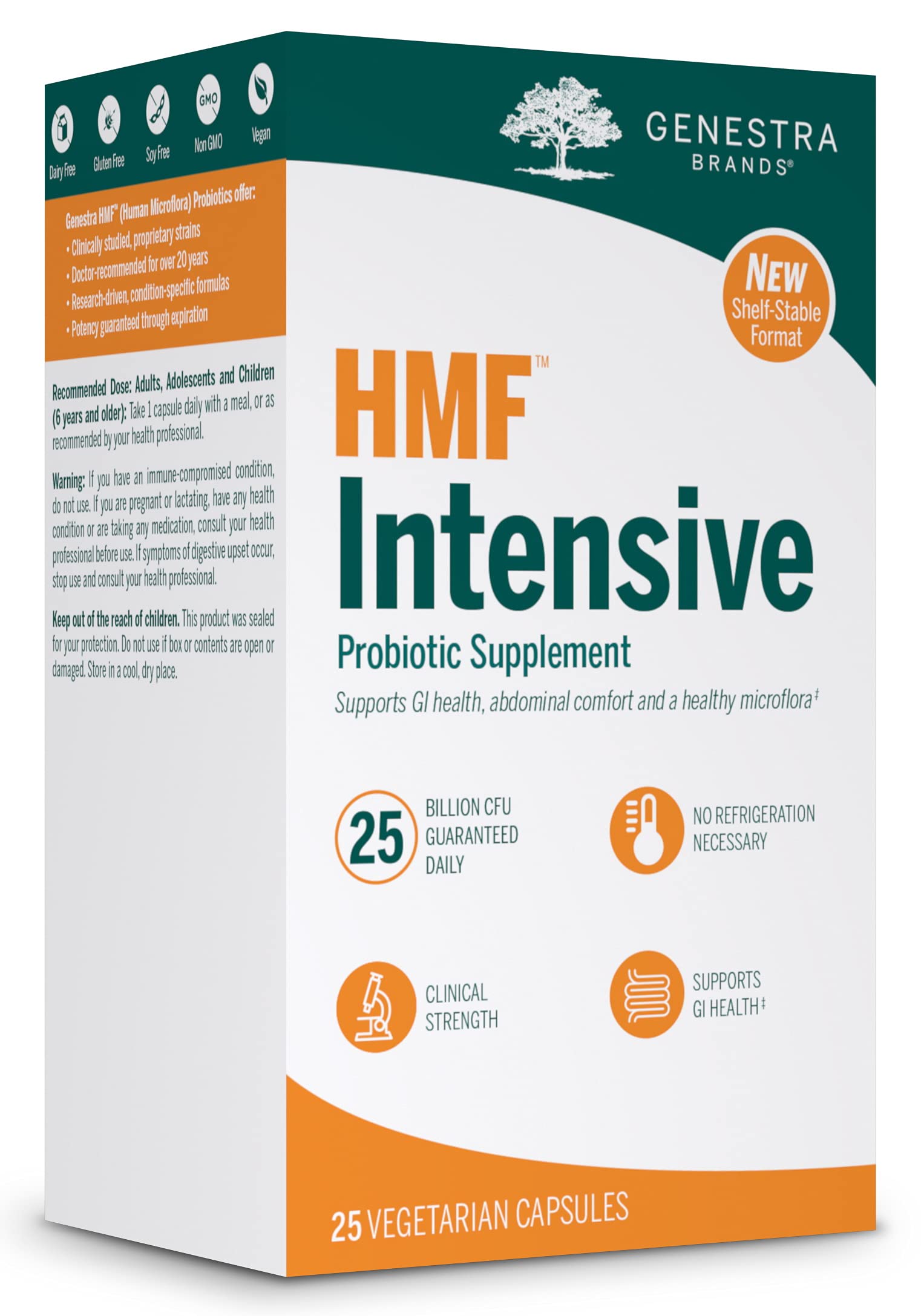 Genestra HMF Intensive bottle label, showcasing professional probiotic packaging for gut health