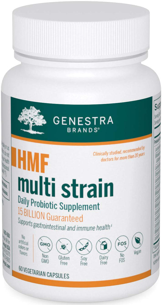 Genestra HMF Multi Strain bottle on shelf supports balanced gut microflora