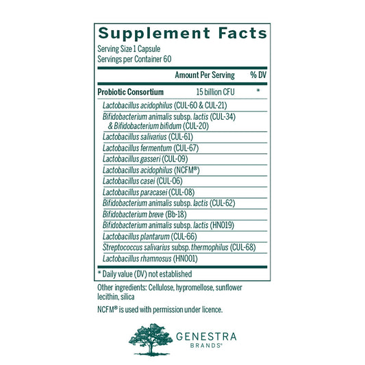 Genestra HMF Multi Strain capsules closeup highlights probiotic blend for digestive balance